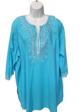Chelsea Studio 2X Blue Cotton Embroidered Tunic Peasant Top 3/4 Sleeve Plus